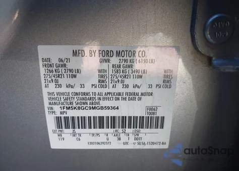 2021 Ford Explorer St из США, поврежденный, VIN 1FM5K8GC9MGB59364